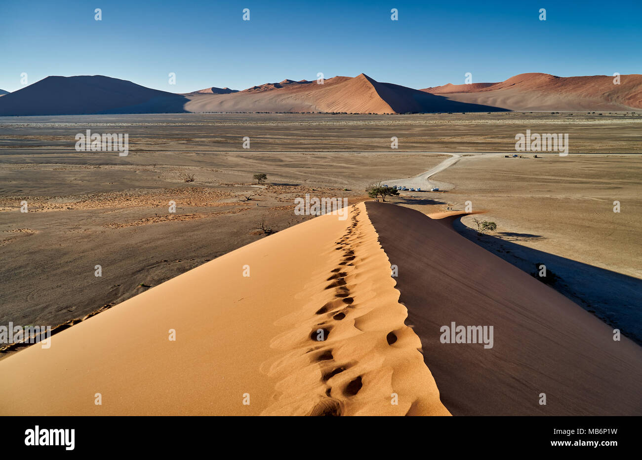 Blick von der Düne 45 ins Tal, die Wüste Landschaft der Namib Stockfoto