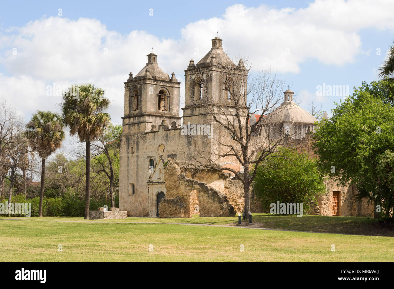 Mission Concepcion San Antonio, einem der 18. Jahrhundert franziskanischen Missionen in San Antonio Missions National Historic Park, San Antonio, Texas, USA Stockfoto