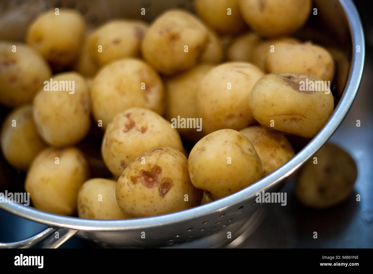 Gekochte Kartoffeln in einem Sieb ablassen Stockfoto