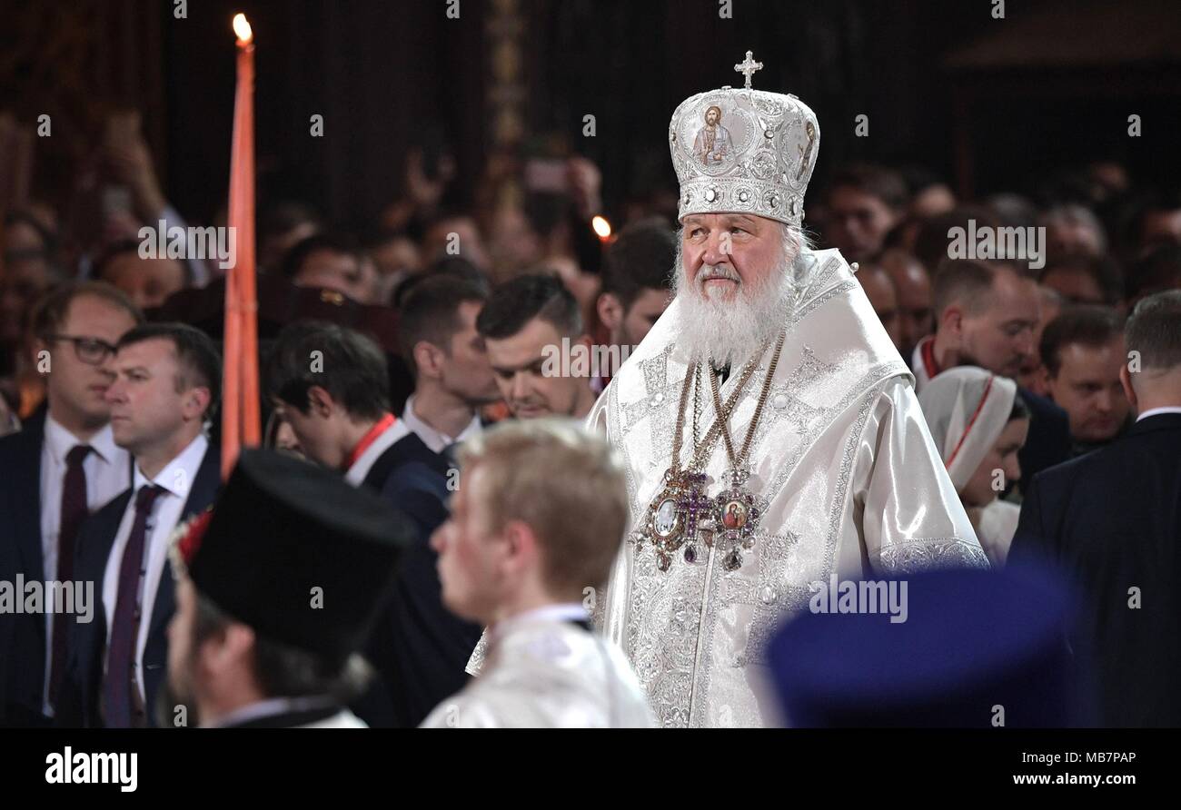 Russisch-orthodoxe Patriarch Kyrill von Moskau und ganz Russland während der orthodoxen Ostern Service an der Christ-Erlöser-Kathedrale am 8. April 2017 in Moskau, Russland. Credit: Planetpix/Alamy leben Nachrichten Stockfoto