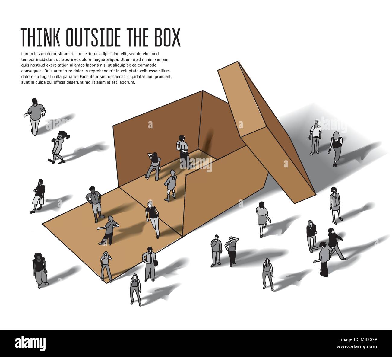 Isometrische Gruppe Geschäft Leute Denken außerhalb der Box Graustufen Stock Vektor