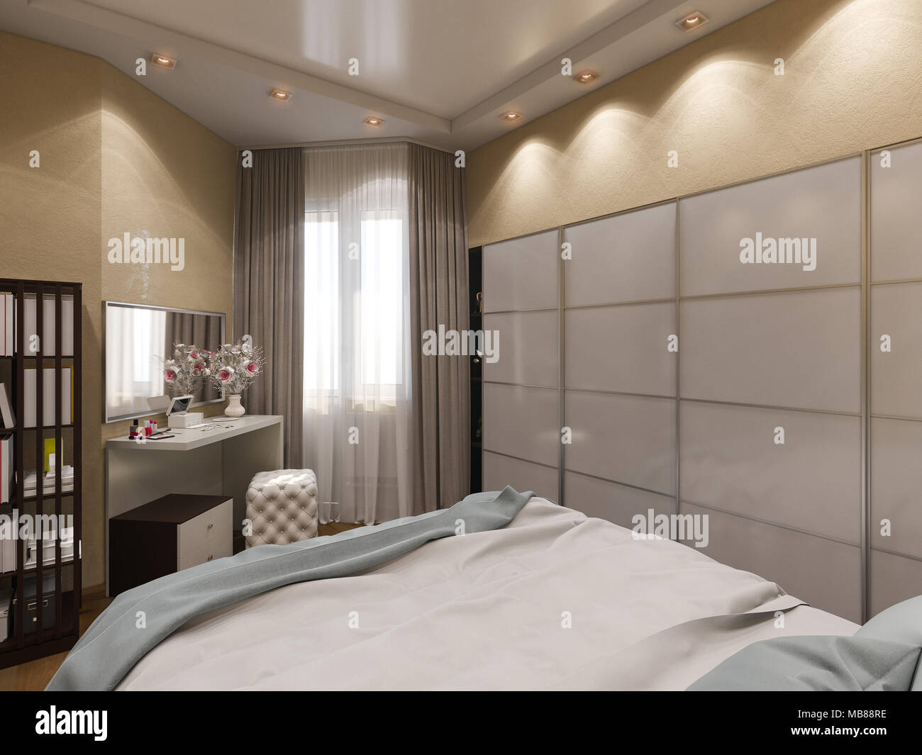 3D-Render von Interior Design von einem Schlafzimmer in beiger Farbe. Stockfoto
