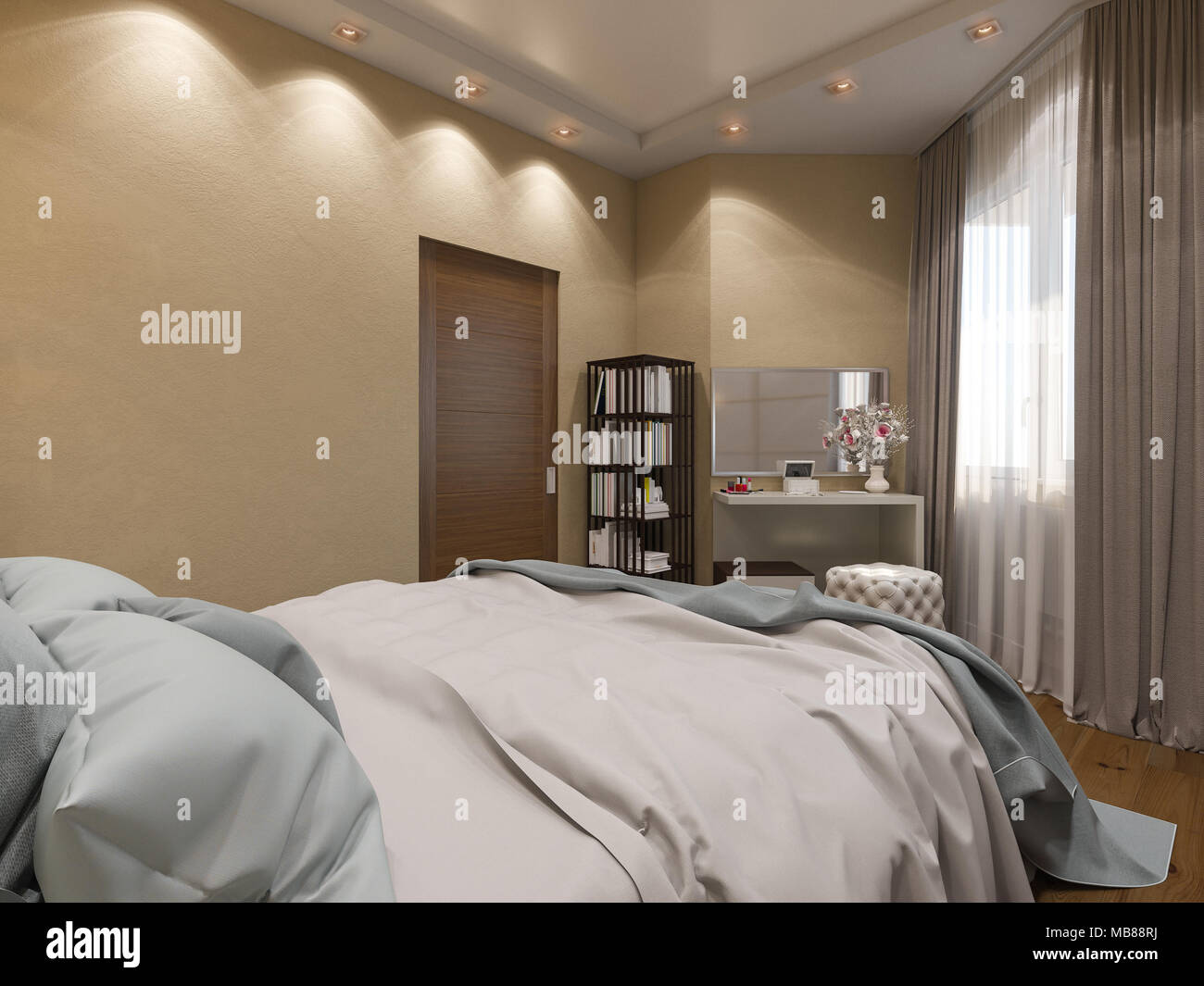 3D-Render von Interior Design von einem Schlafzimmer in beiger Farbe. Stockfoto