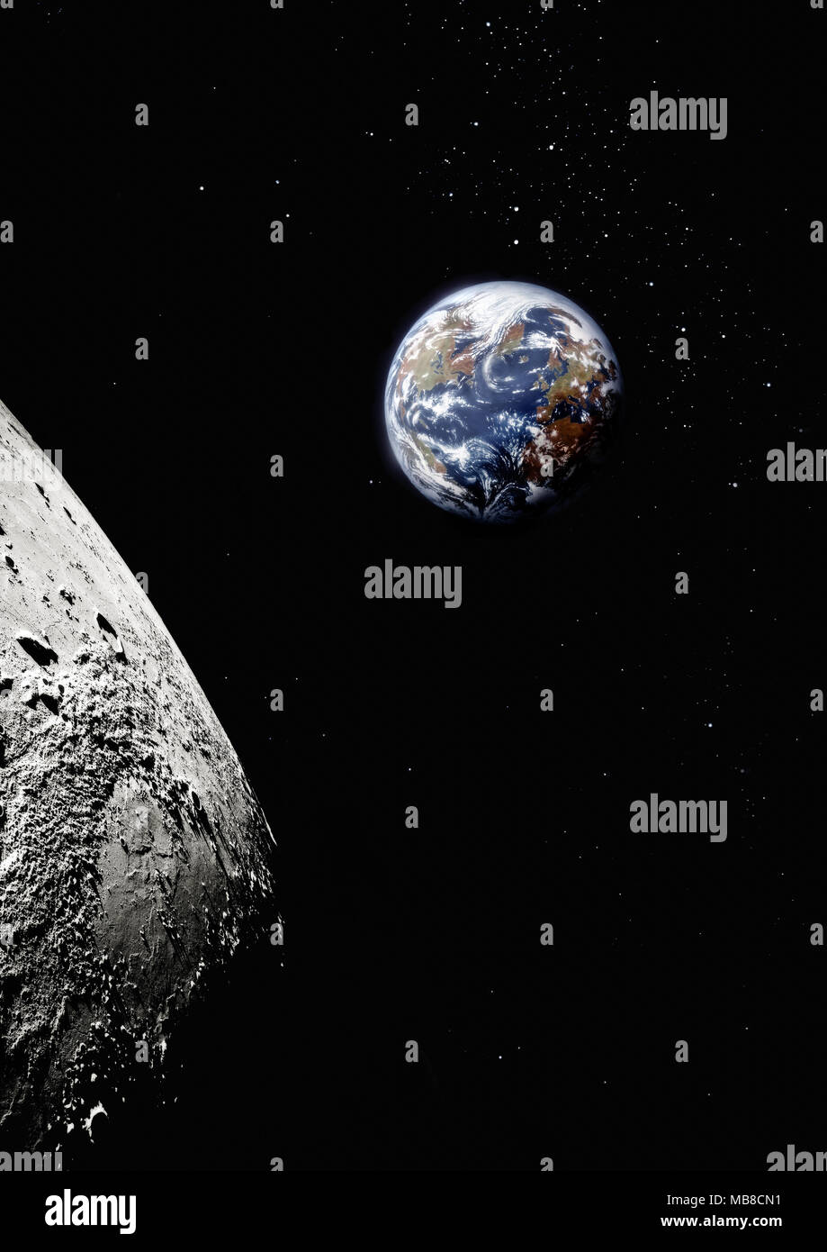 Planet Erde aus dem All mit der Oberfläche des Mondes im Vordergrund, Nordamerika und Europa sichtbar Stockfoto