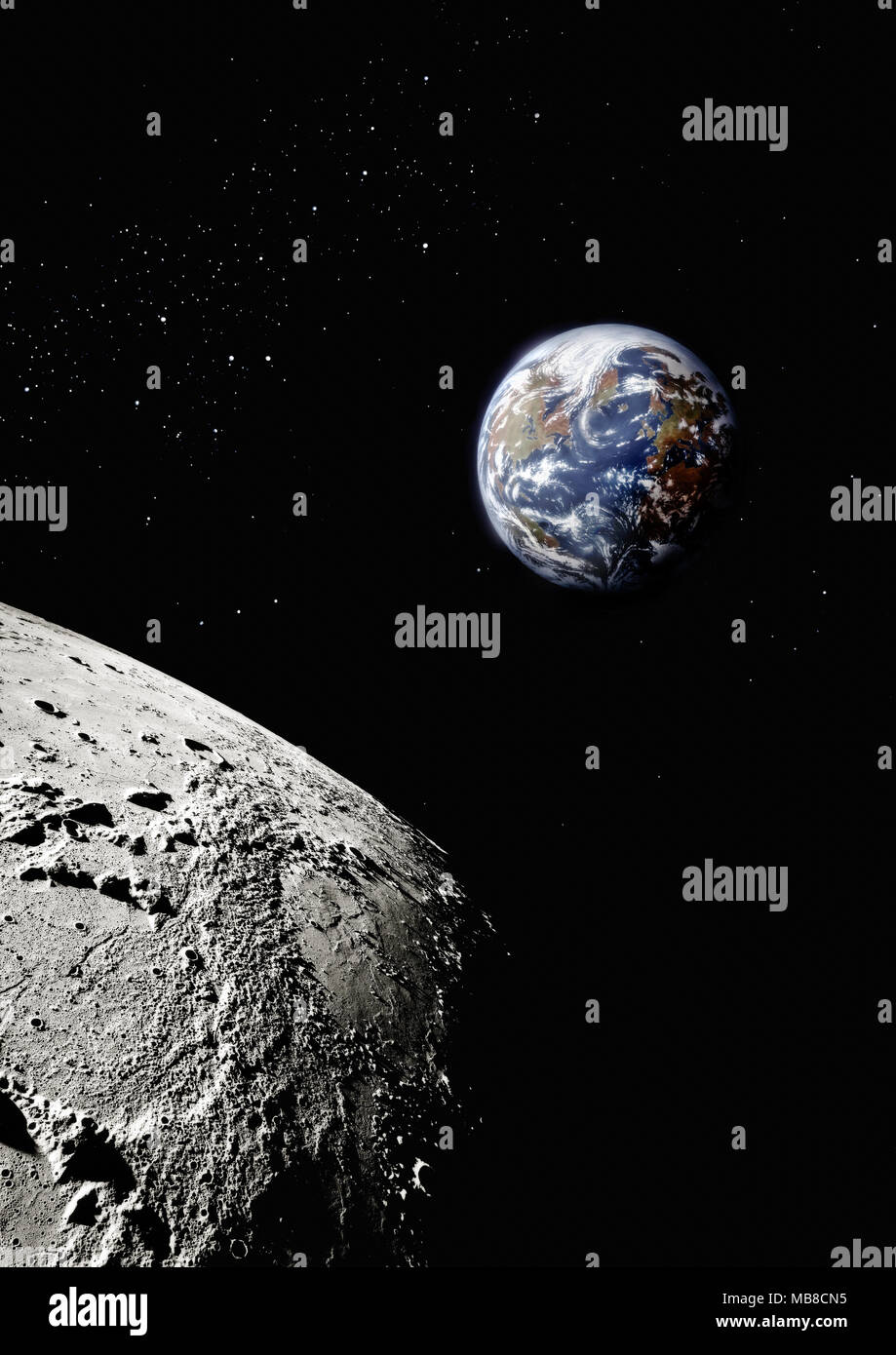Planet Erde aus dem All mit der Oberfläche des Mondes im Vordergrund, Nordamerika und Europa sichtbar Stockfoto