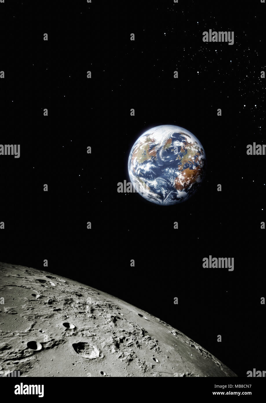 Planet Erde aus dem All mit der Oberfläche des Mondes im Vordergrund, Nordamerika und Europa sichtbar Stockfoto