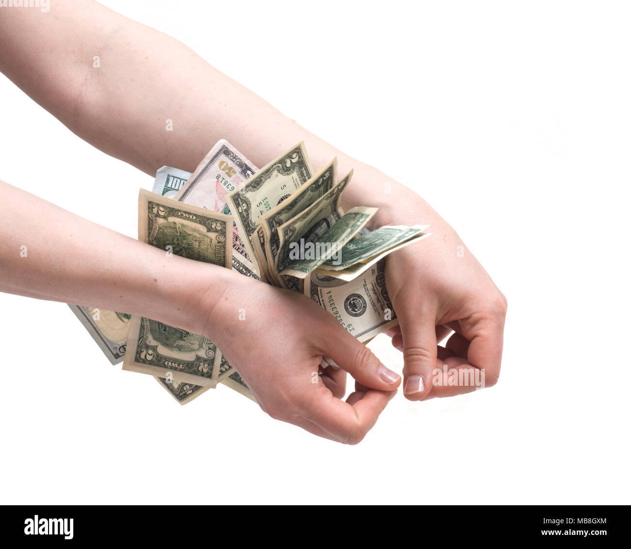 Menschliche Hand zählen US-Dollarnoten Ausschreibung für alle Schulden, öffentlichen und privaten Stockfoto