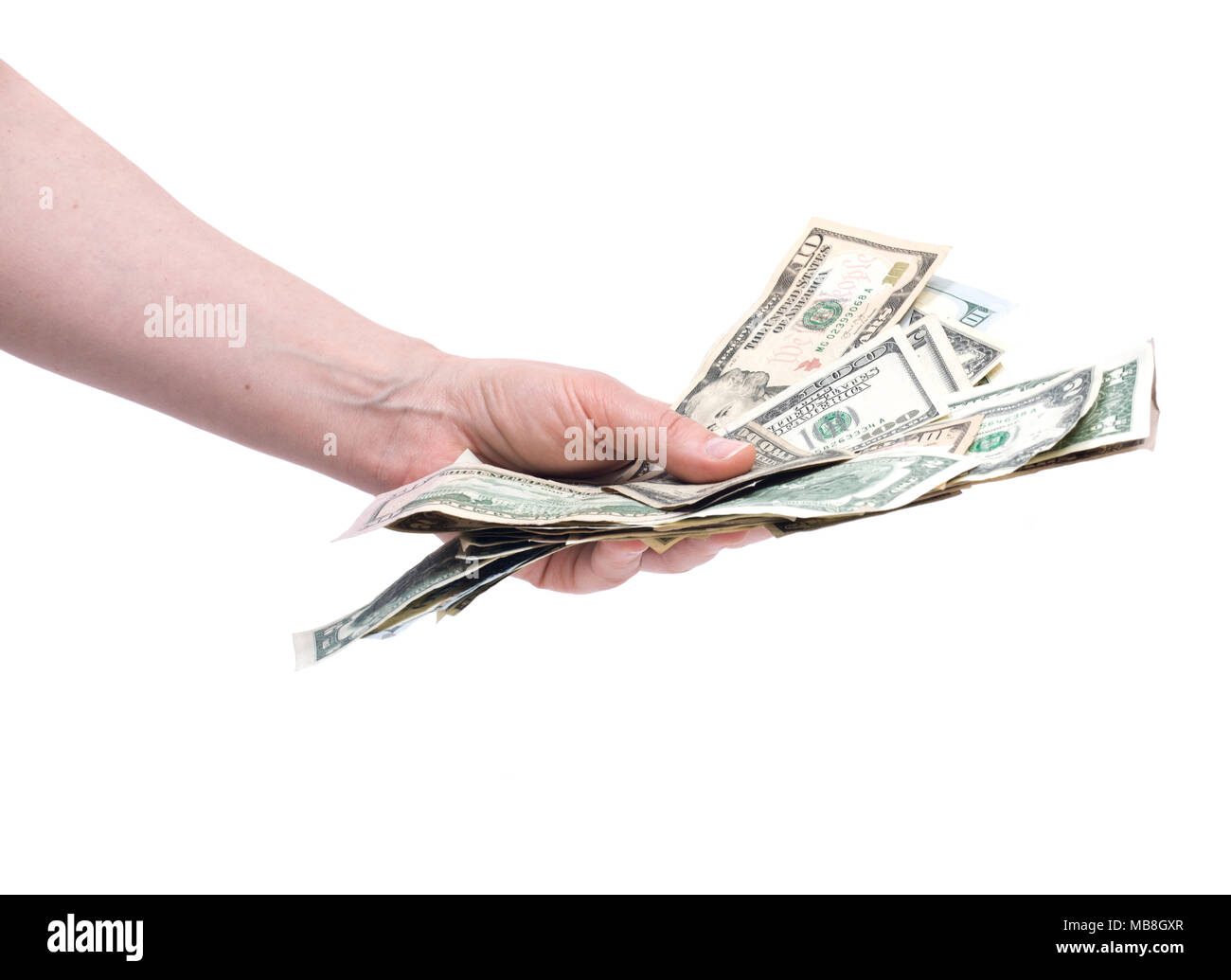 Menschliche Hand zählen US-Dollarnoten Ausschreibung für alle Schulden, öffentlichen und privaten Stockfoto