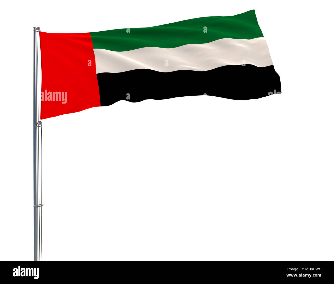 Isolieren Flagge der Vereinigten Arabischen Emirate auf einem Fahnenmast im Wind flattern auf blauem Hintergrund, 3D-Rendering Stockfoto