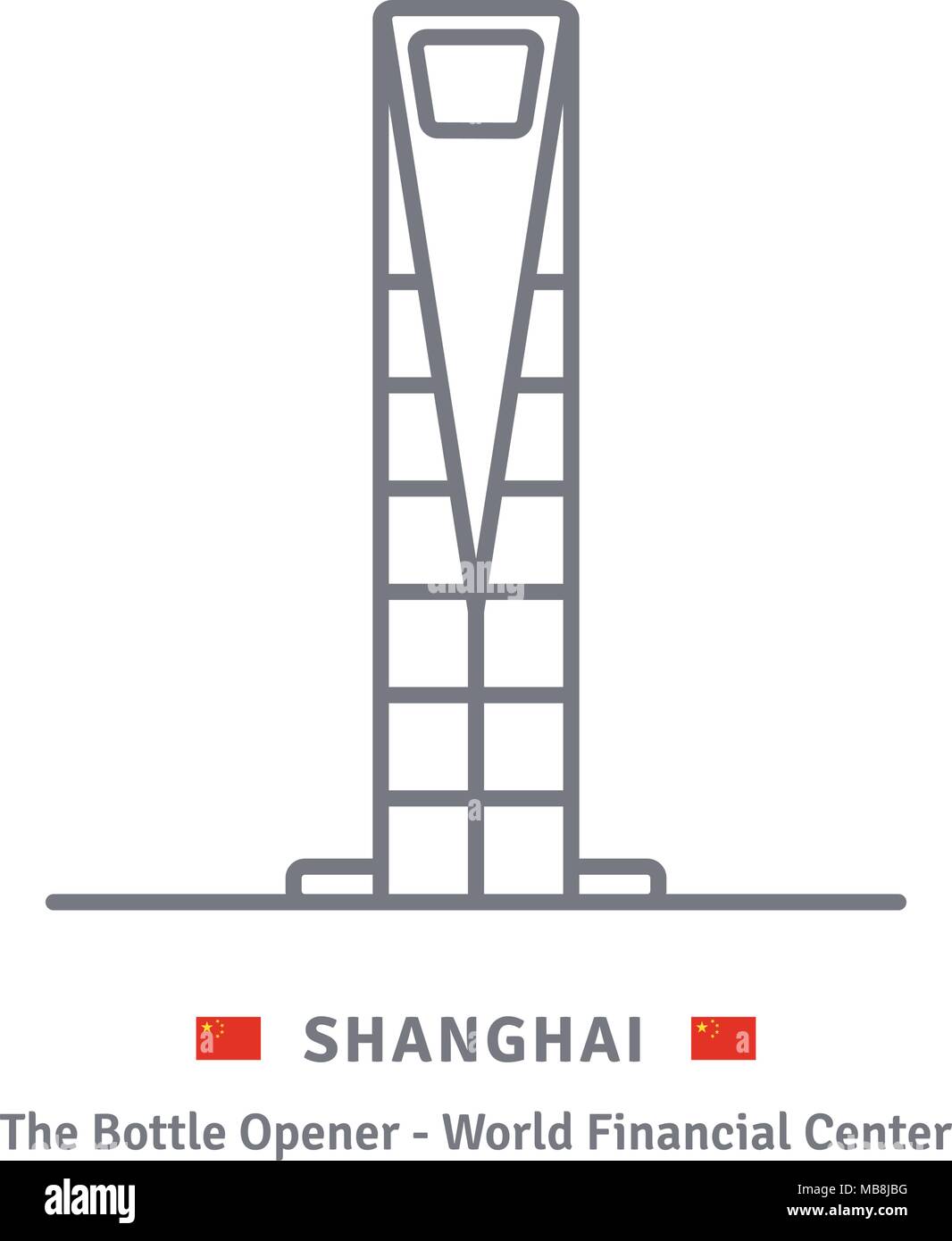 Shanghai Symbol Leitung. Der Flaschenöffner Wolkenkratzer und Chinesische Fahne Vector Illustration. Stock Vektor