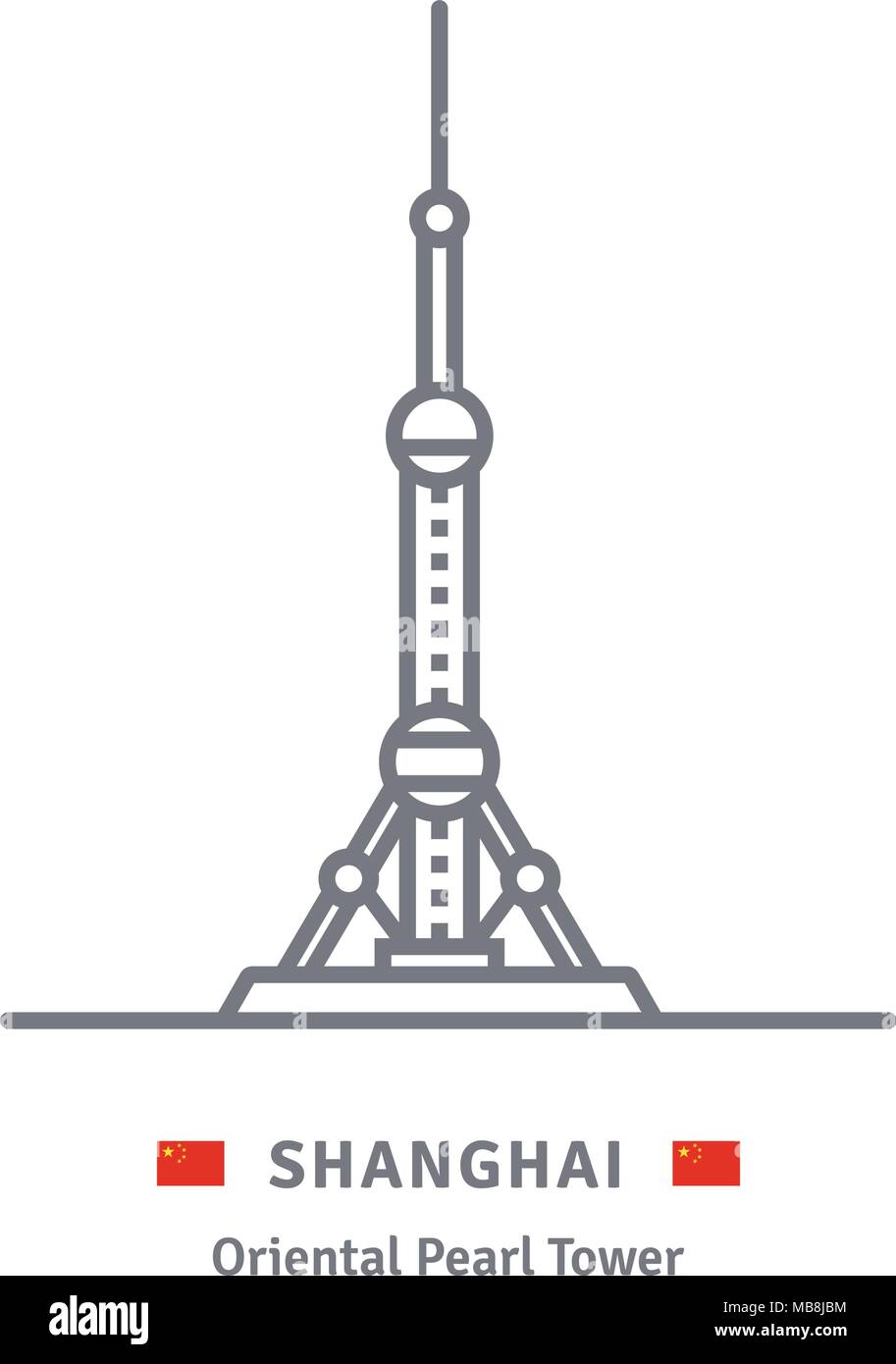 Shanghai Symbol Leitung. TheOriental Pearl Radio- und TV-Turm und Chinesische Fahne Vector Illustration. Stock Vektor