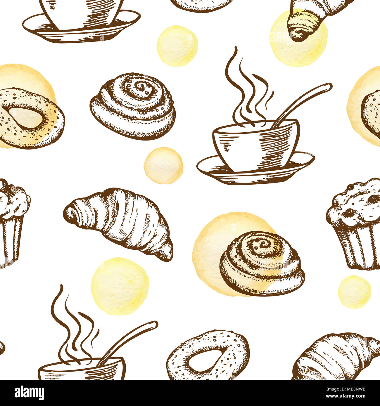 Hand nahtlose Muster mit frischen Bäckerei Produkte im Vintage Stil gezeichnet. Hintergrund mit Tasse Kaffee und Croissant Stockfoto