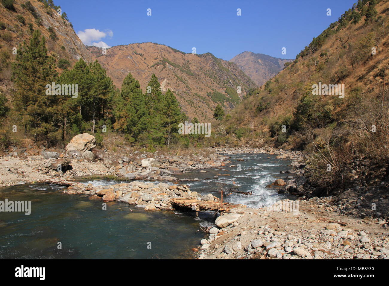 Holzbrücke und Langtang Khola, Fluss in Nepal. Szene in der Nähe von Shyaphru Besi. Langtang National Park. Stockfoto