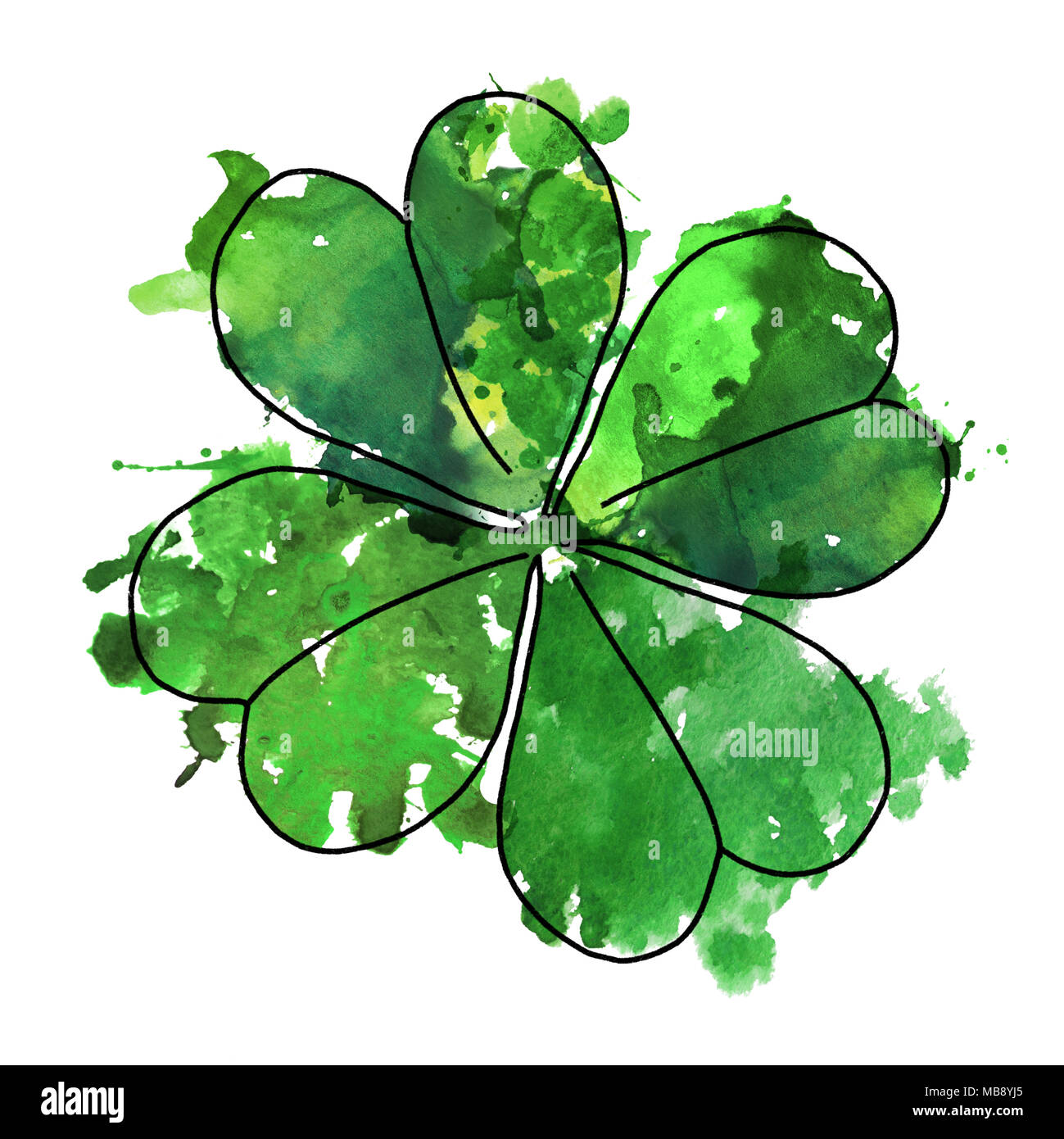 2d Hand gezeichnete Illustration für St. Patrick's Day. Grüne Aquarell splash Blot in Form von Kleeblatt. Auf weissem Hintergrund. Stockfoto