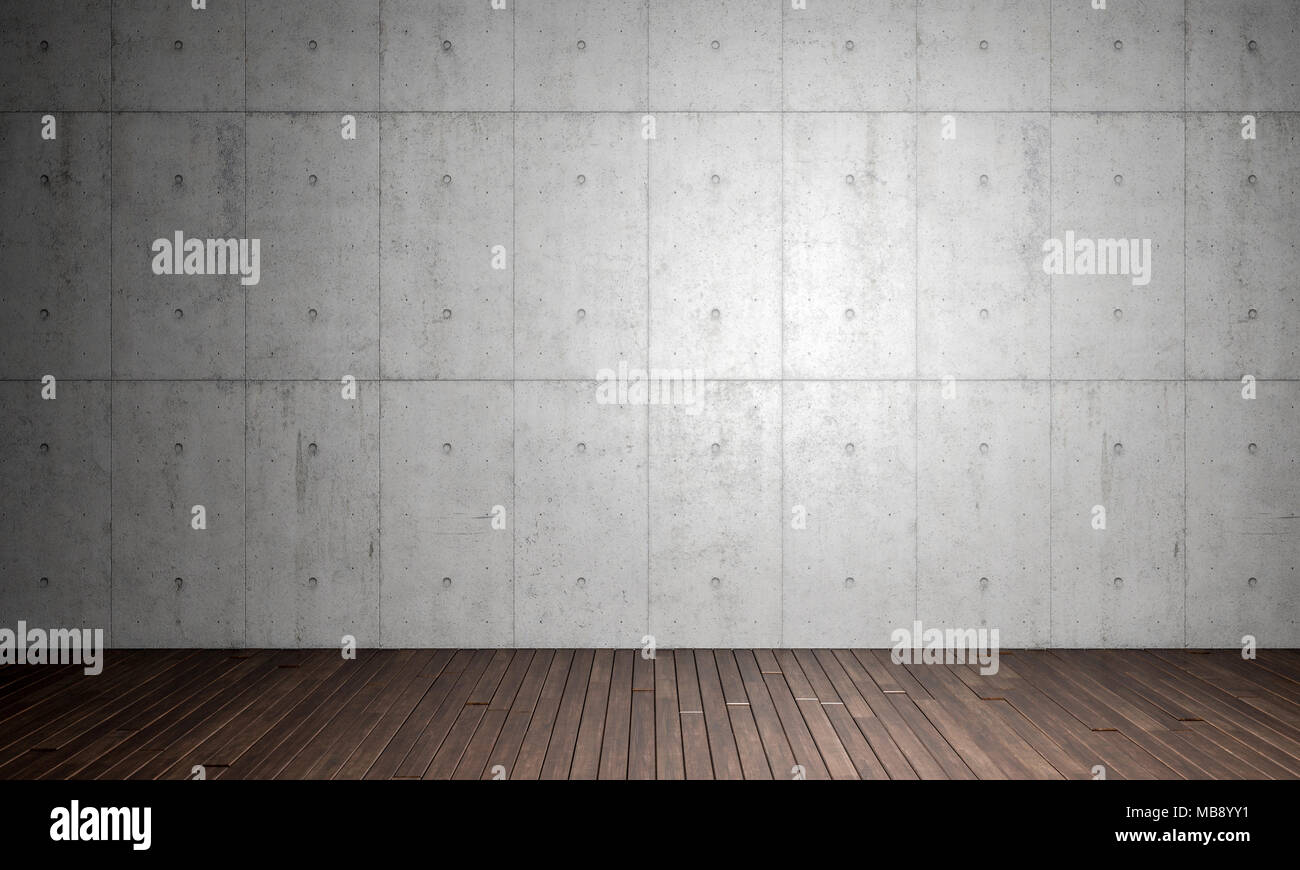 Konkrete walla und Holz Parkettboden 3D Rendering image Stockfoto