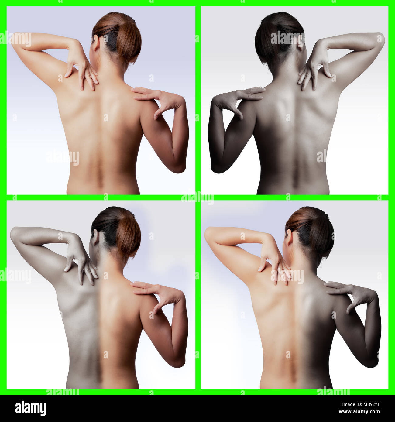 Körper Diagramm Bild der asiatischen Frau zurück und halten Sie die beiden Hand und berühren auf den Schulterbereich, viele Ton der Haut für einfache Bedienung Stockfoto