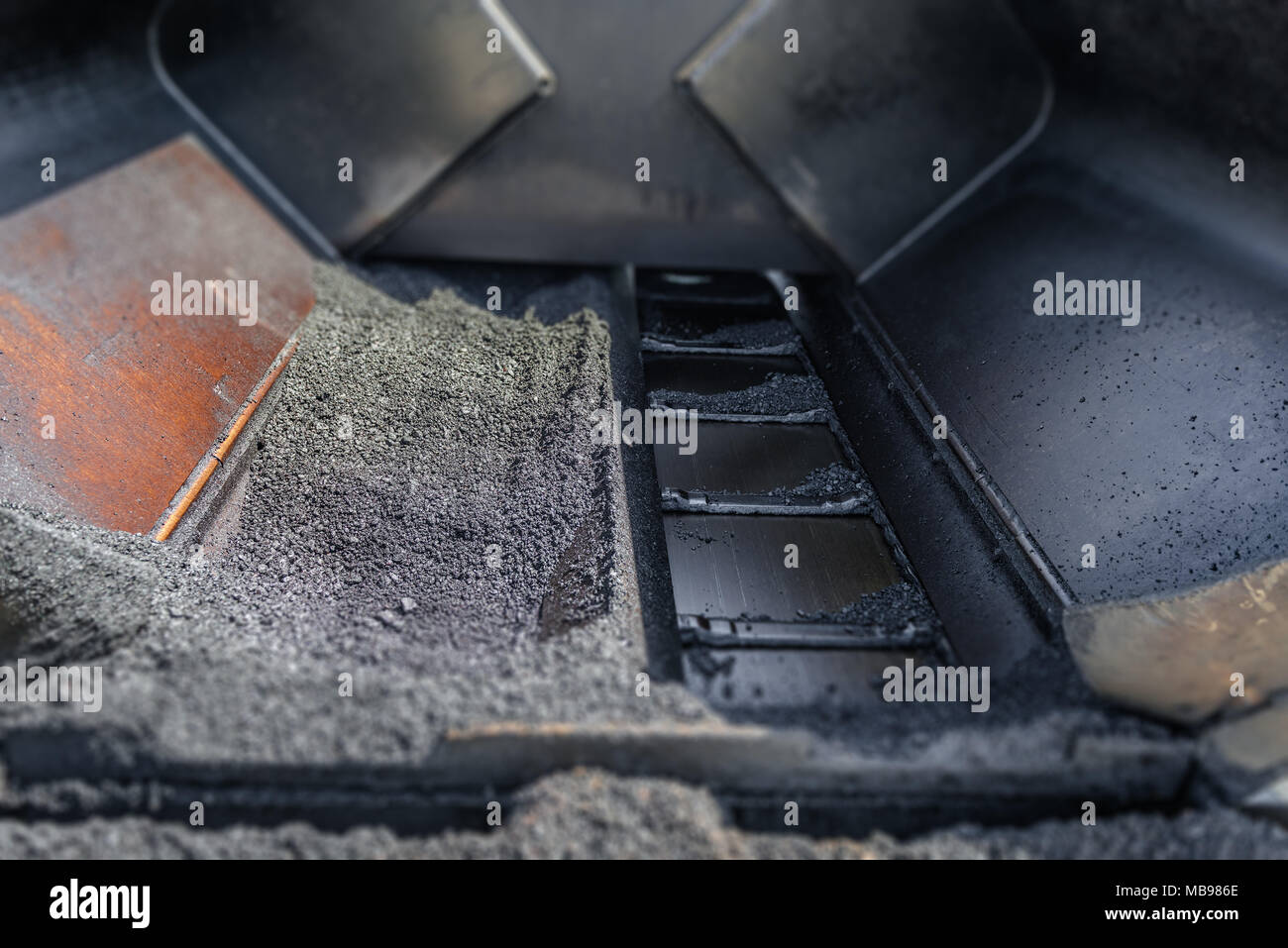 Asphalt Straßenfertiger ebnet Maschine Nahaufnahme Bauindustrie Stockfoto