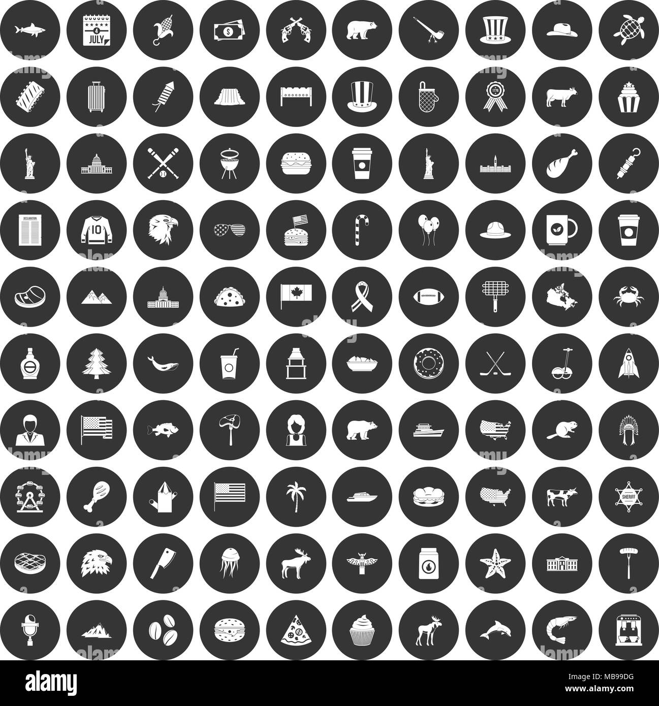 100 Nordamerika Icons Set schwarz Kreis Stock Vektor