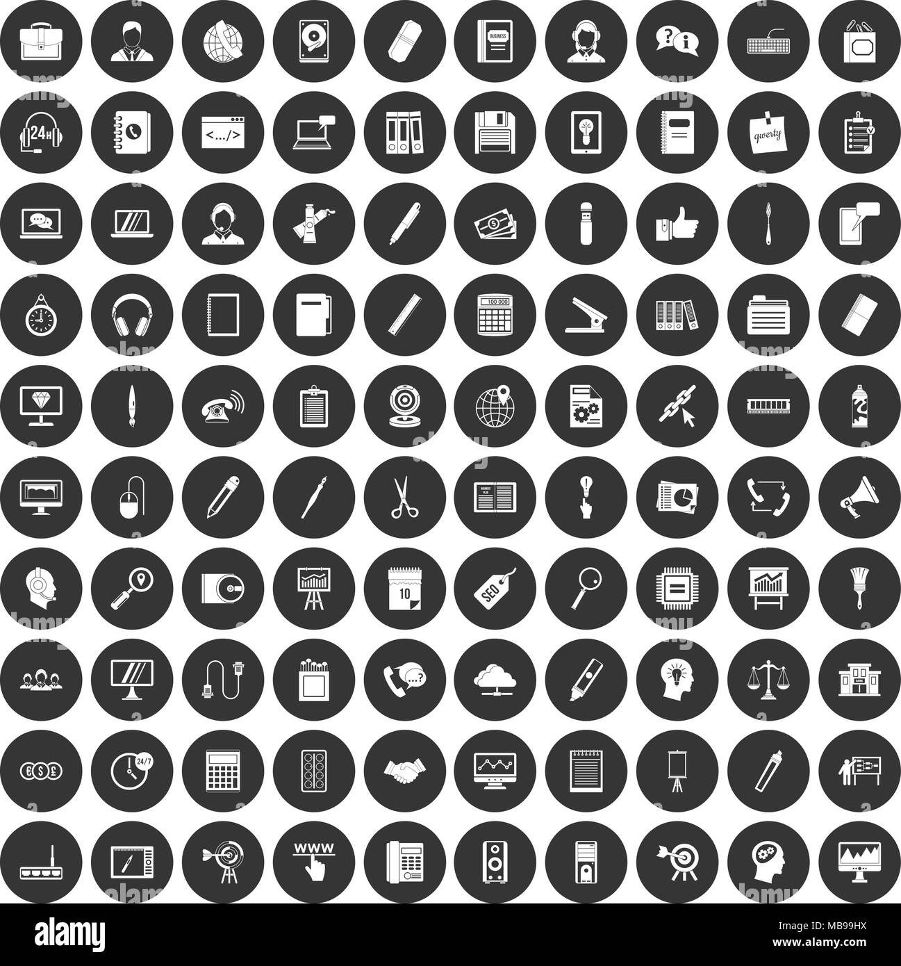 100 Büro Icons Set schwarz Kreis Stock Vektor