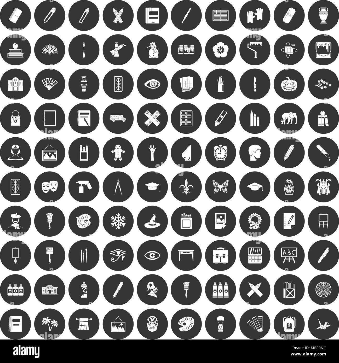 100 Malen Schule Icons Set schwarz Kreis Stock Vektor