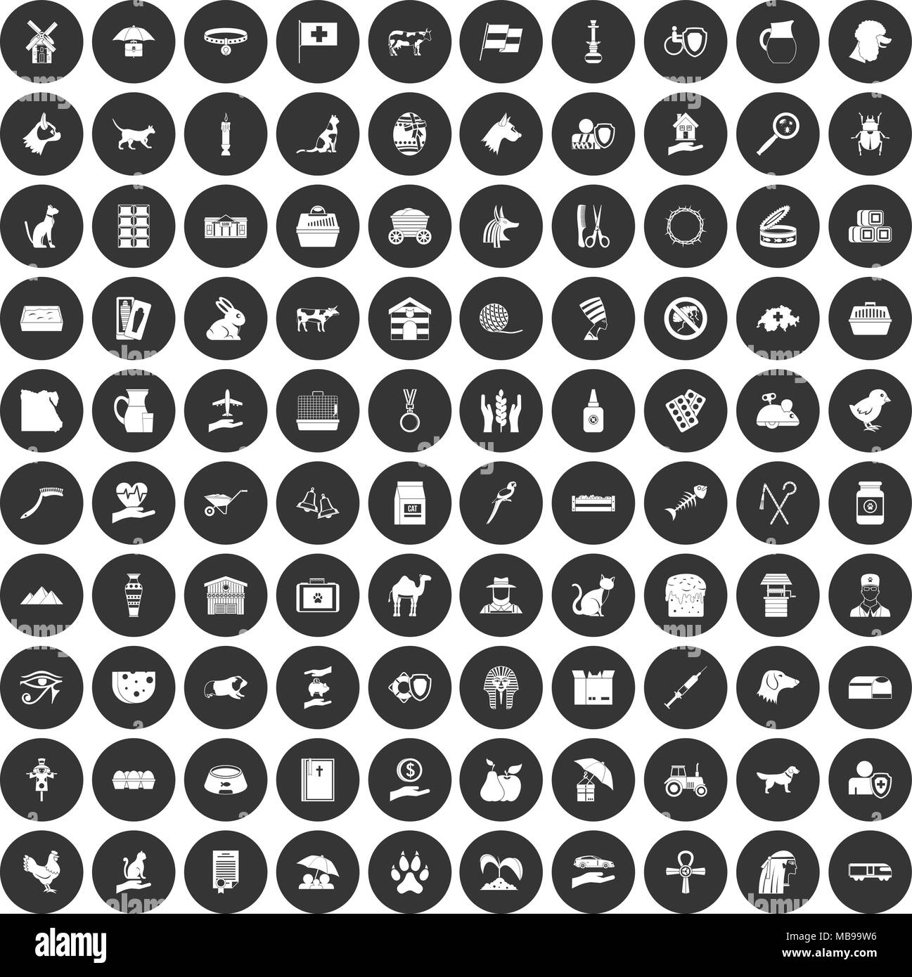 100 Haustiere Icons Set schwarz Kreis Stock Vektor