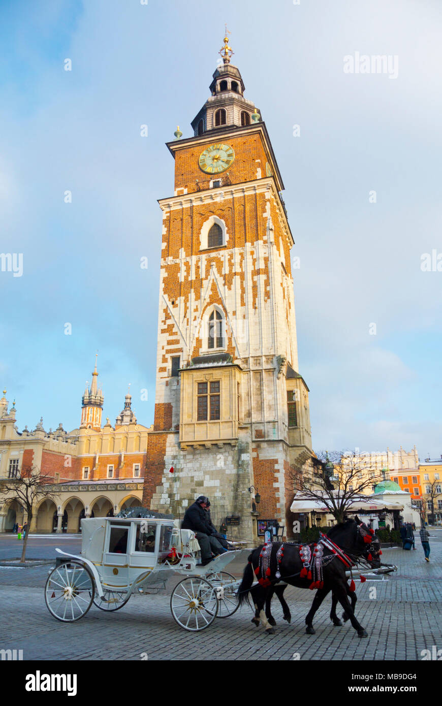 Kutsche, vor wieza Ratuszowa, Rathausturm, der Rynek Glowny, Old Town Square, Krakow, Malopolska, Polen Stockfoto