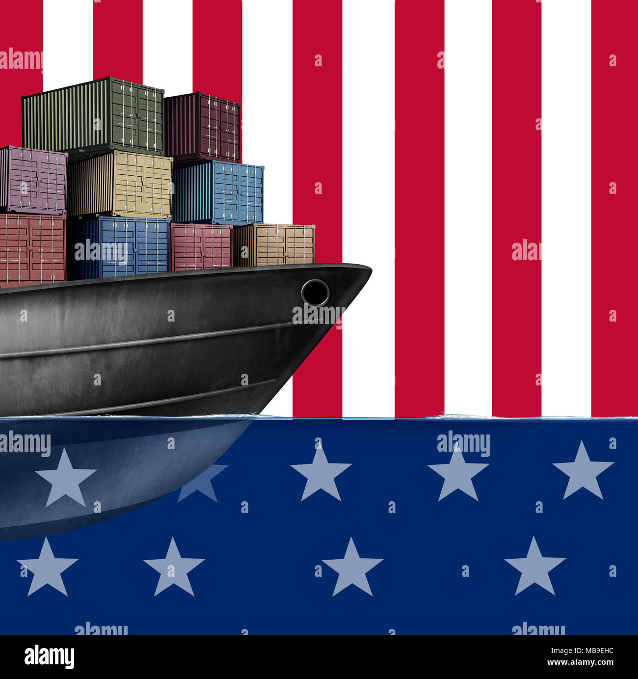 United States wirtschaftlichen Handels- und Amerikanischen Versand als die Einfuhren und Ausfuhren der Politik der Regierung in den USA als 3D-Darstellung. Stockfoto