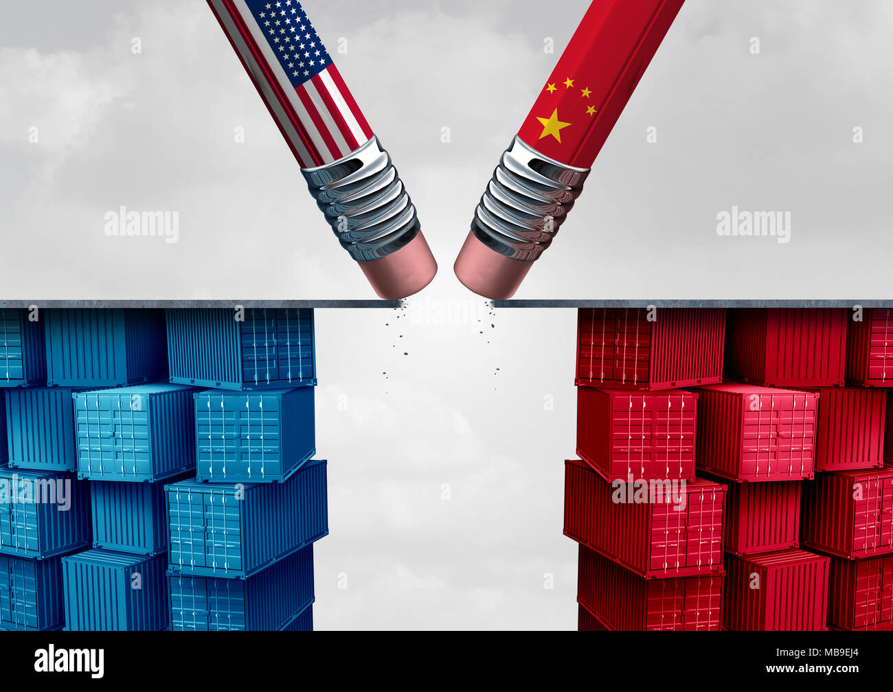 China United States Trade Krise und Amerikanischen Tarife oder Chinesischen Tarif als zwei Bleistifte löschen einer Brücke über Import und Export Konzept Streit als 3. Stockfoto