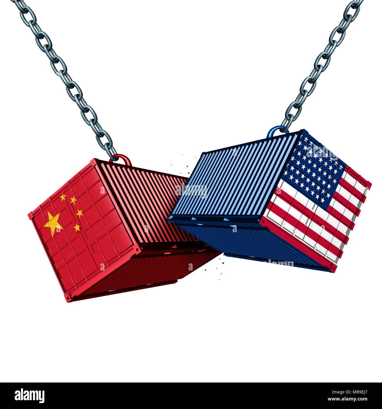 Chinesischen und Amerikanischen tarif Krieg als China USA Handel Problem wie zwei Cargo Container in Konflikt als wirtschaftliche Streit über Import und Export. Stockfoto