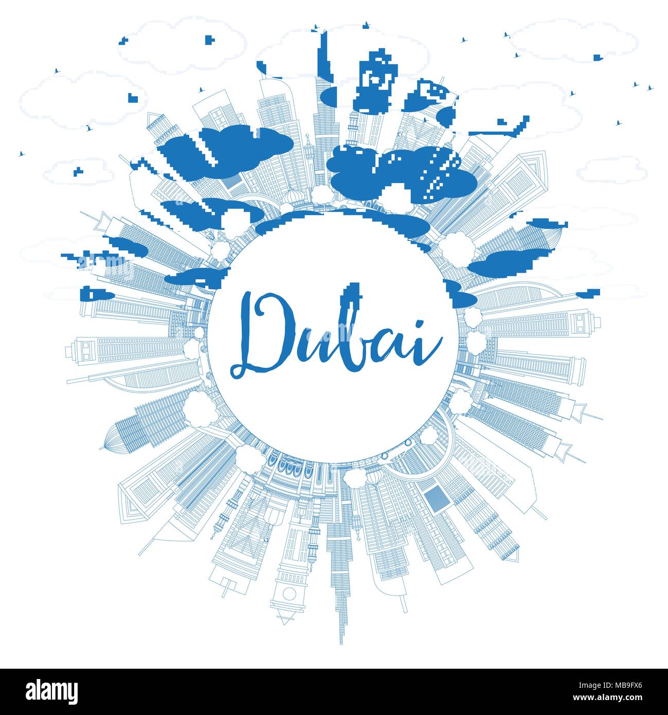 Umrisse Dubai UAE Skyline der Stadt mit blauen Gebäude und Kopieren. Vector Illustration. Business Travel und Tourismus Abbildung Stock Vektor