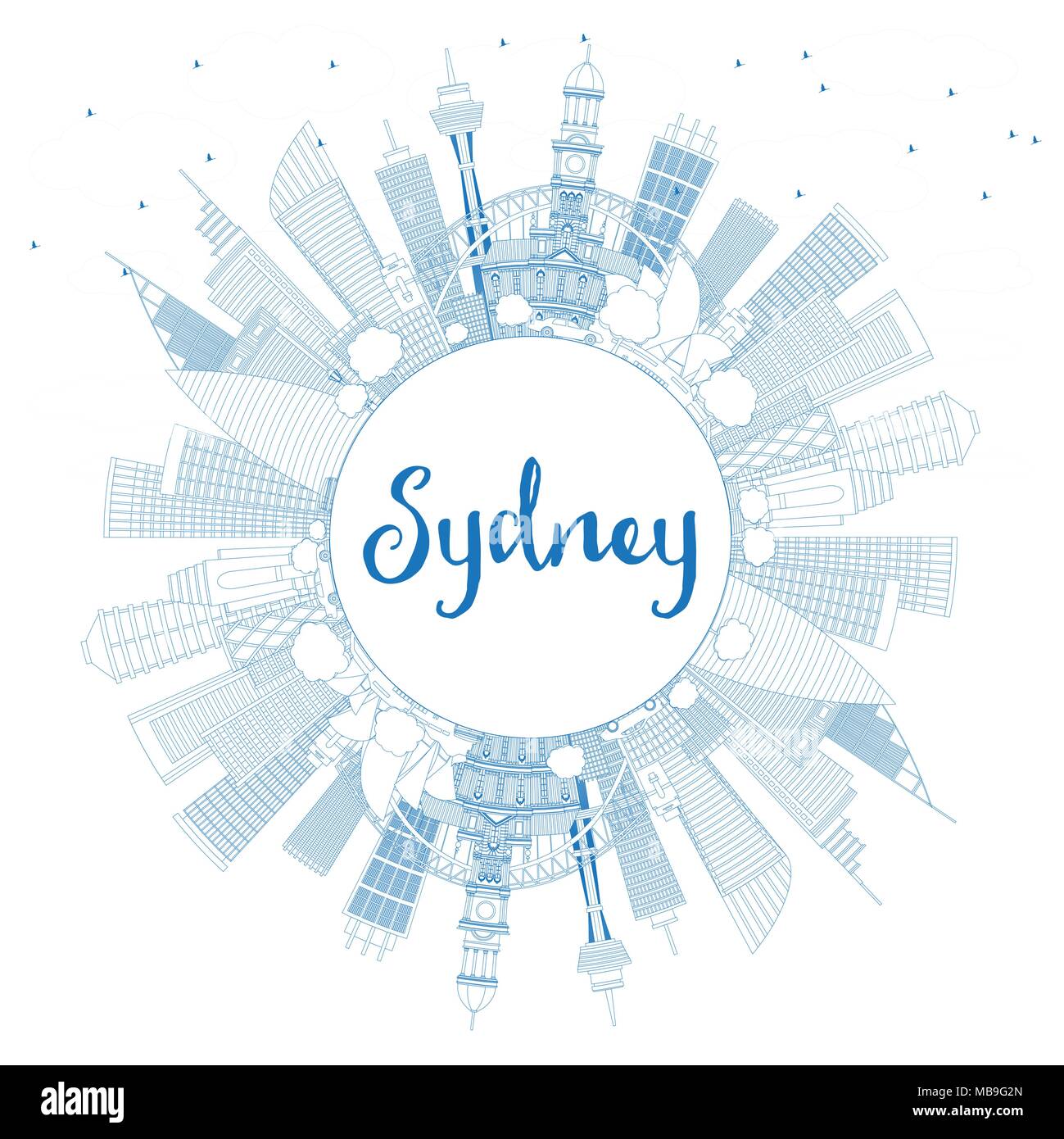 Outline Sydney Australien Skyline der Stadt mit blauen Gebäude und Kopieren. Vector Illustration. Business Travel und Tourismus Konzept Stock Vektor