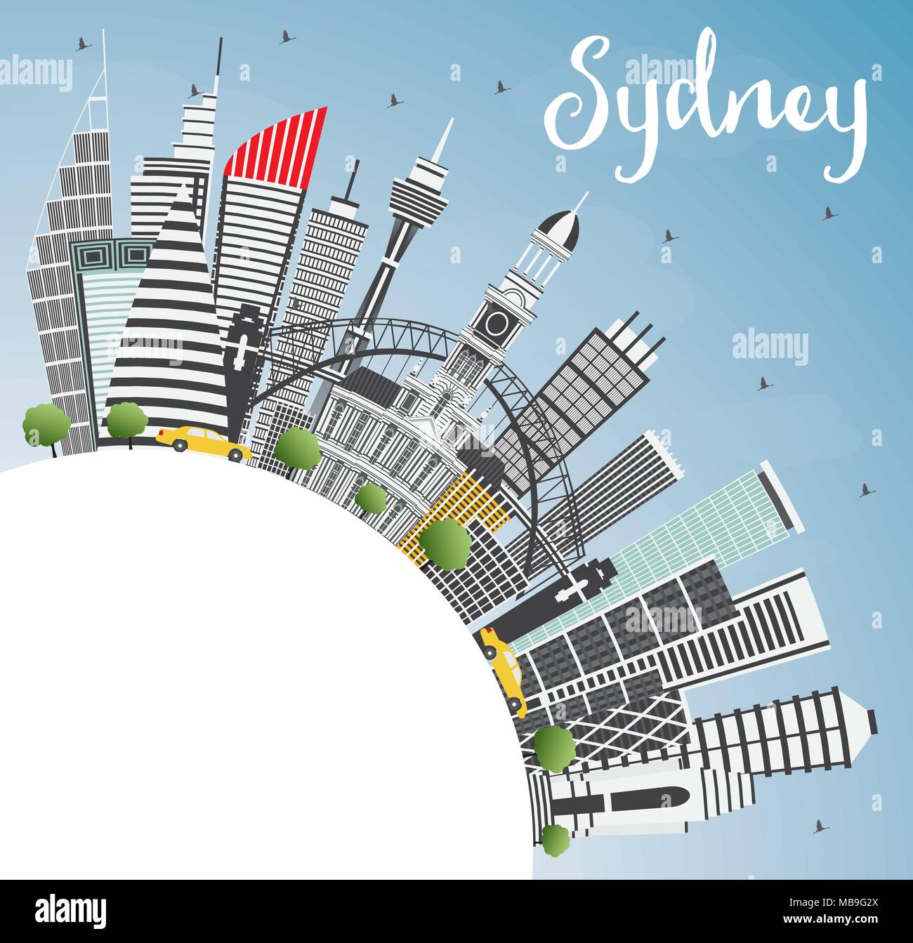Sydney Australien City Skyline mit grauen Gebäude, blauer Himmel und Kopieren. Vector Illustration. Business Travel und Tourismus Konzept Stock Vektor