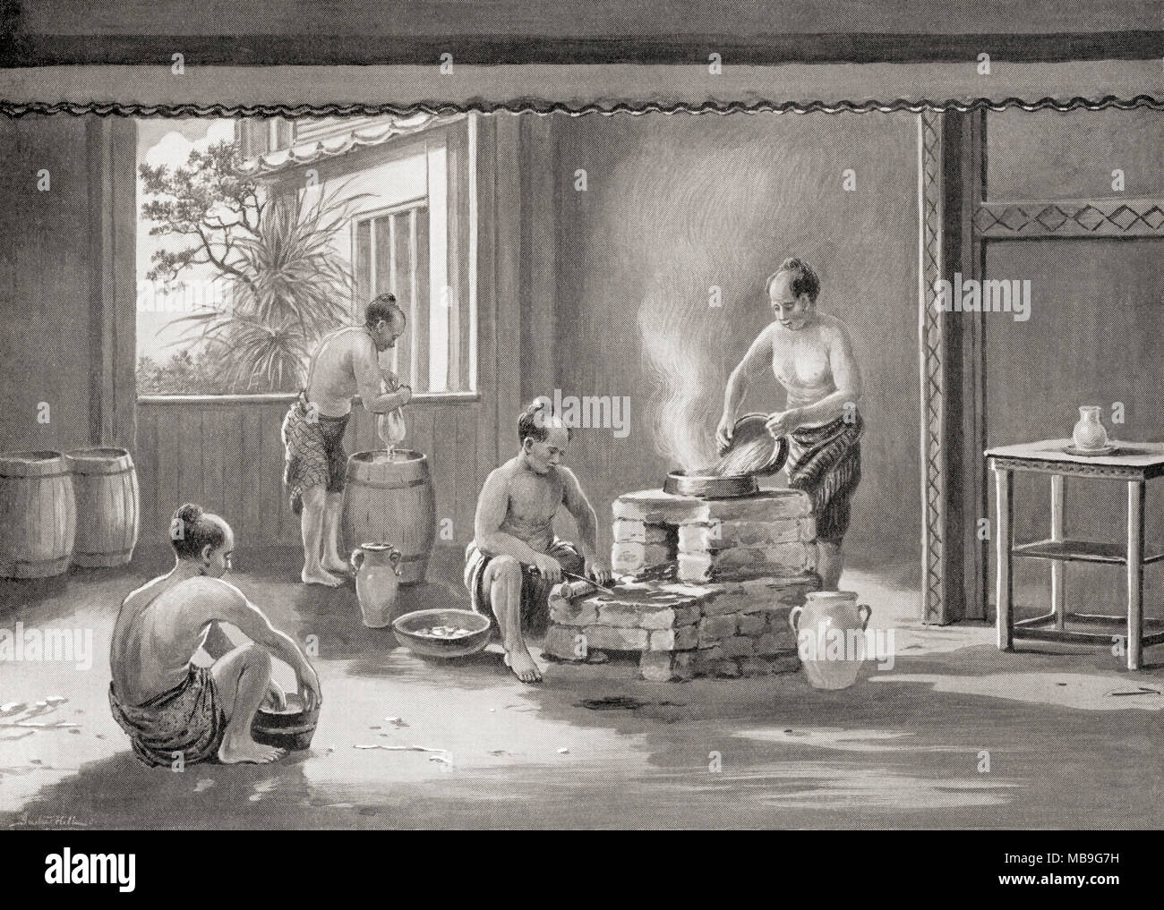Das Brauen von Willen durch die Japaner im 7. Jahrhundert. Nach dem Gemälde von Justin Hill. Von Hutchinson's Geschichte der Nationen, veröffentlicht 1915 Stockfoto