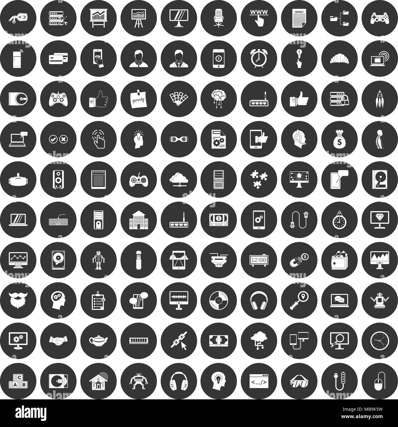 100 Programmierer Icons Set schwarz Kreis Stock Vektor