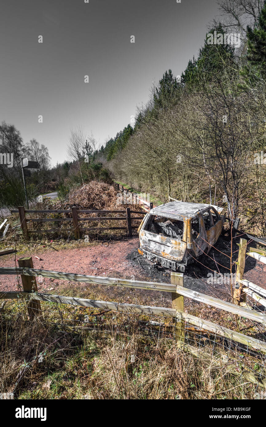 Aus Fahrzeug blockieren eines Wald weg gebrannt Stockfoto