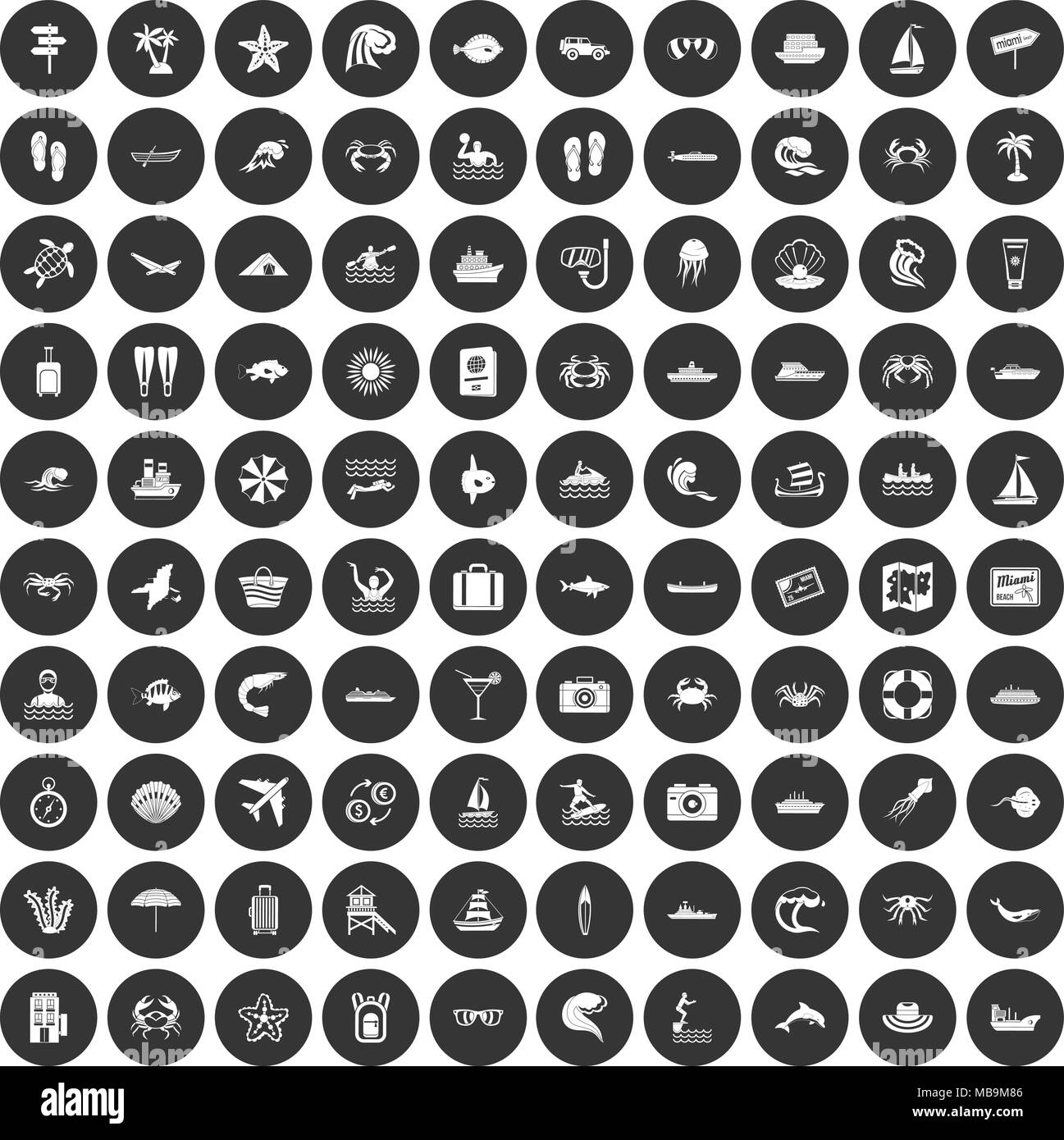 100 Sea Life Icons Set schwarz Kreis Stock Vektor