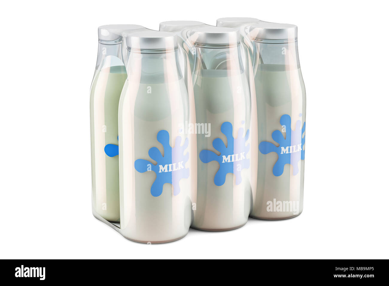 Paket aus Glas Milch Flaschen in Schrumpffolie, 3D-Rendering auf weißem  Hintergrund Stockfotografie - Alamy