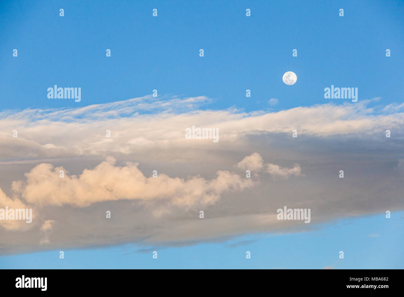 Fast vollen Mond erscheint am frühen Nachmittag anscheinend über Wolken Stockfoto