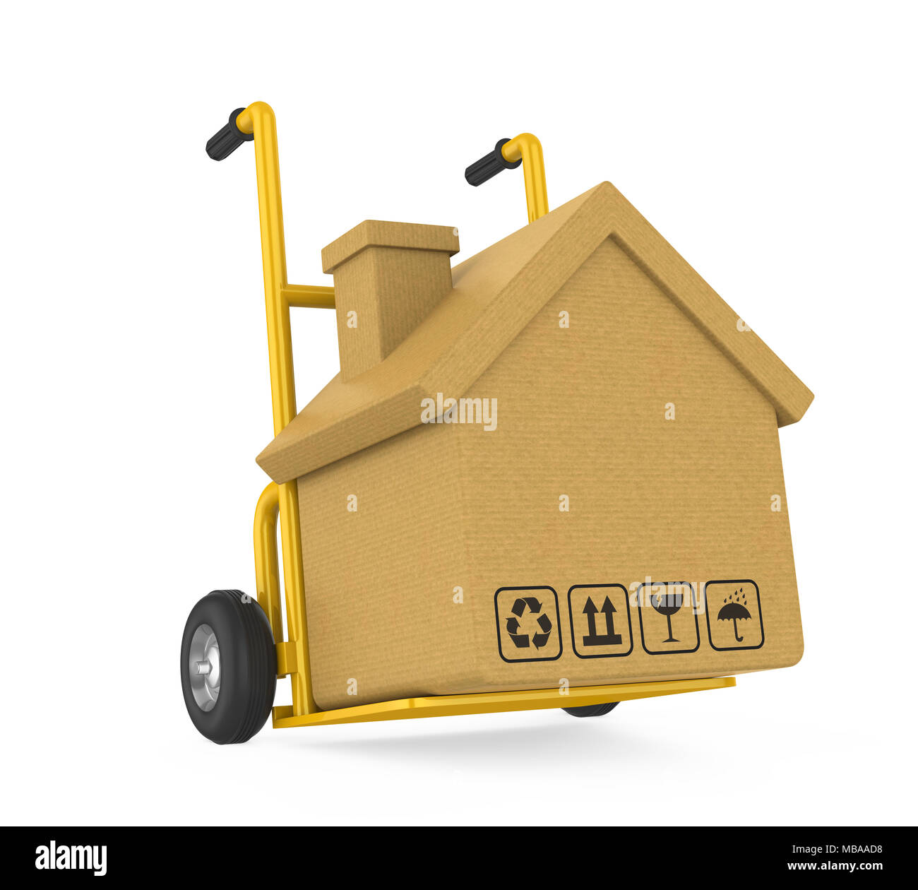 Hand-Lkw mit Karton Haus isoliert (Umzug Konzept) Stockfoto