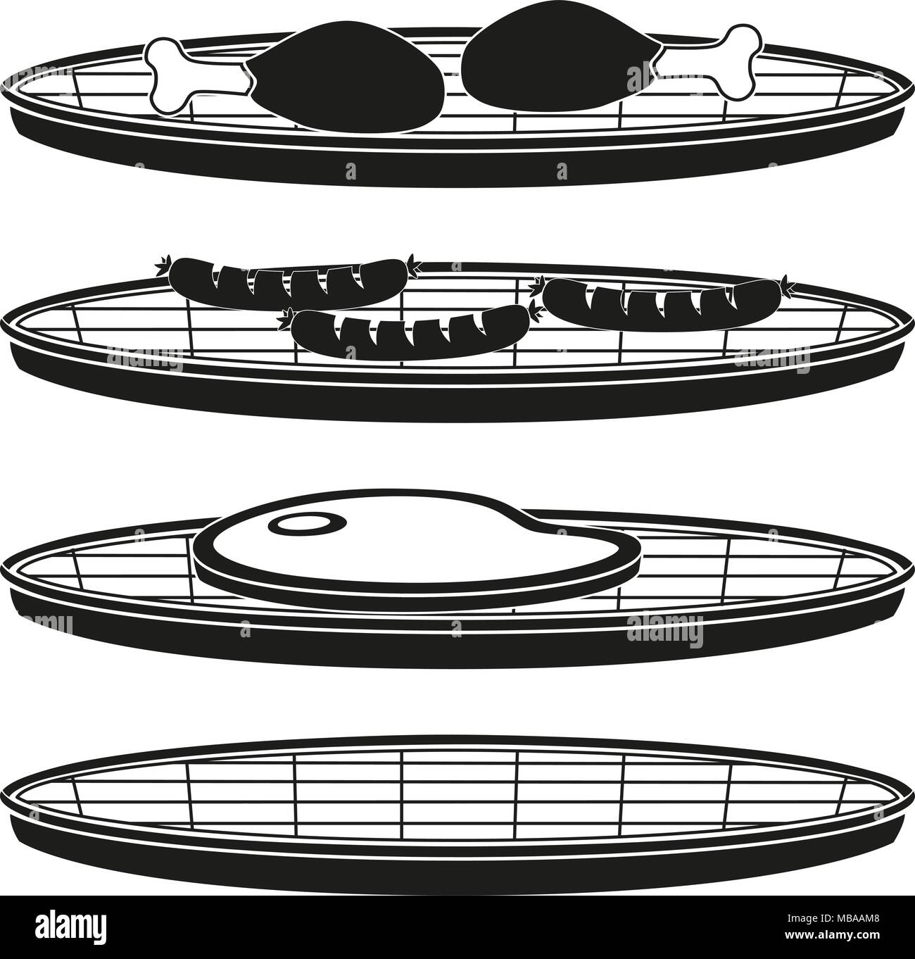 Schwarze und weiße BBQ kochen Silhouette. Essen themed Vector Illustration für Geschenkkarte Zertifikat, Aufkleber, Abzeichen, Zeichen, Stempel, Logo, Beschriftung, Symbole, Stock Vektor
