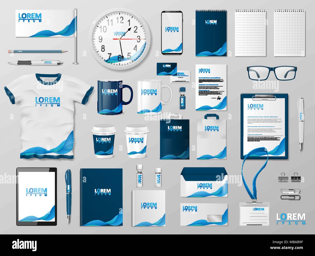 Corporate Branding Identität template Design. Moderne Schreibwaren Mockup für Shop mit modernen blau Struktur. Business style Schreibwaren und Dokumentation. Vector Illustration Stock Vektor