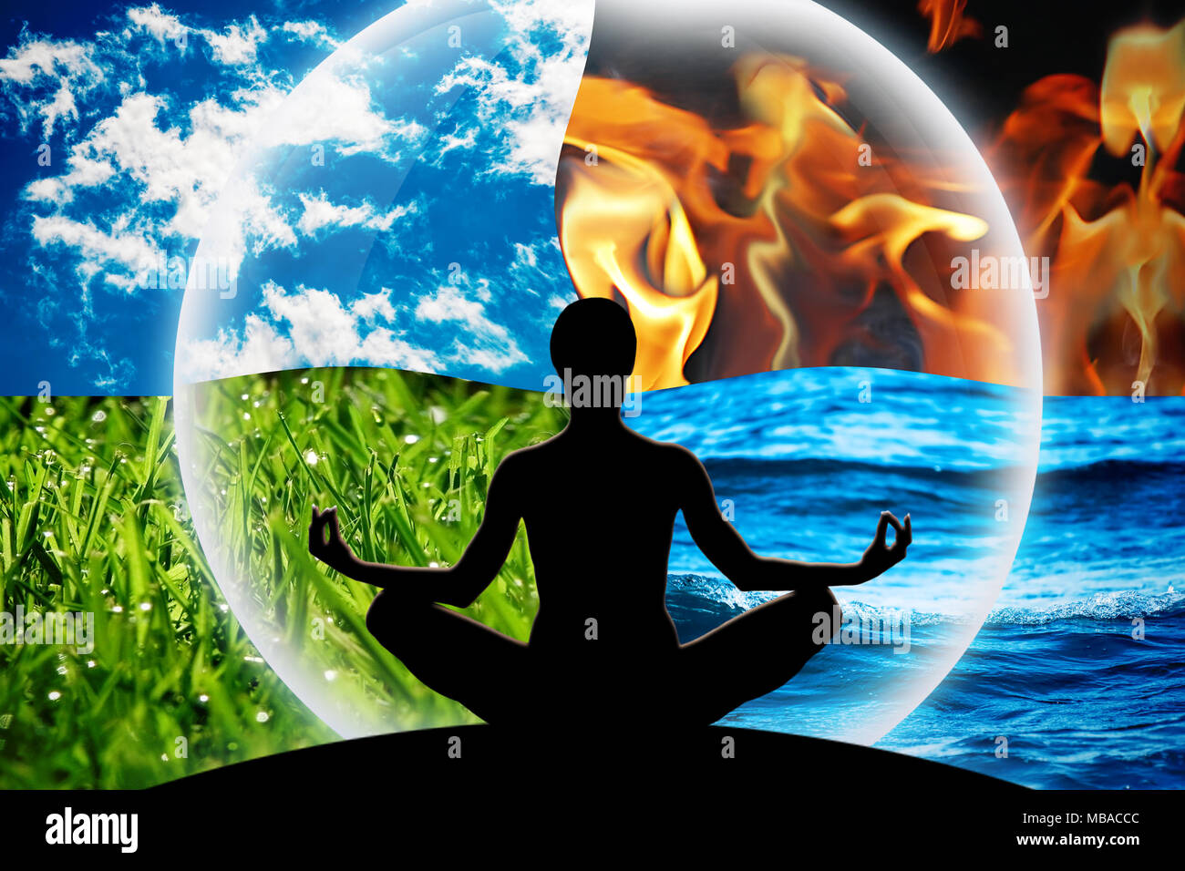 Weibliche yoga Figur in einem transparenten Kugel, bestehend aus vier natürlichen Elemente (Wasser, Feuer, Erde, Luft) als ein Konzept für die Steuerung von Emotionen und Leistu Stockfoto