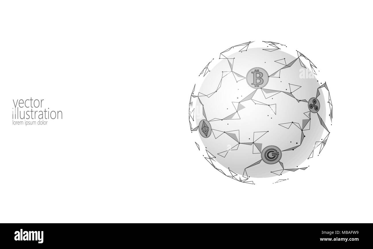 Globale internationale Bitcoin cryptocurrency. Planet Platz Low Poly moderne Zukunft Technologie Finanzen Banken- Design. Polygon Polygon Dreieck des Astraleums Welligkeit GCC-Medaille. Web Security Business Vektor Stock Vektor