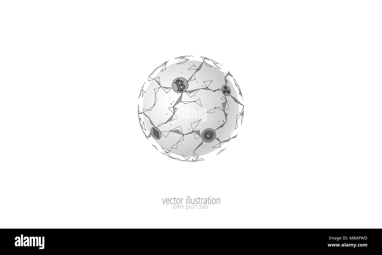 Globale internationale Bitcoin cryptocurrency. Planet Platz Low Poly moderne Zukunft Technologie Finanzen Banken- Design. Polygon Polygon Dreieck des Astraleums Welligkeit GCC-Medaille. Web Security Business Vektor Stock Vektor