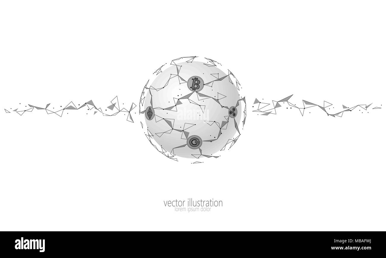Globale internationale Bitcoin cryptocurrency. Planet Platz Low Poly moderne Zukunft Technologie Finanzen Banken- Design. Polygon Polygon Dreieck des Astraleums Welligkeit GCC-Medaille. Web Security Business Vektor Stock Vektor