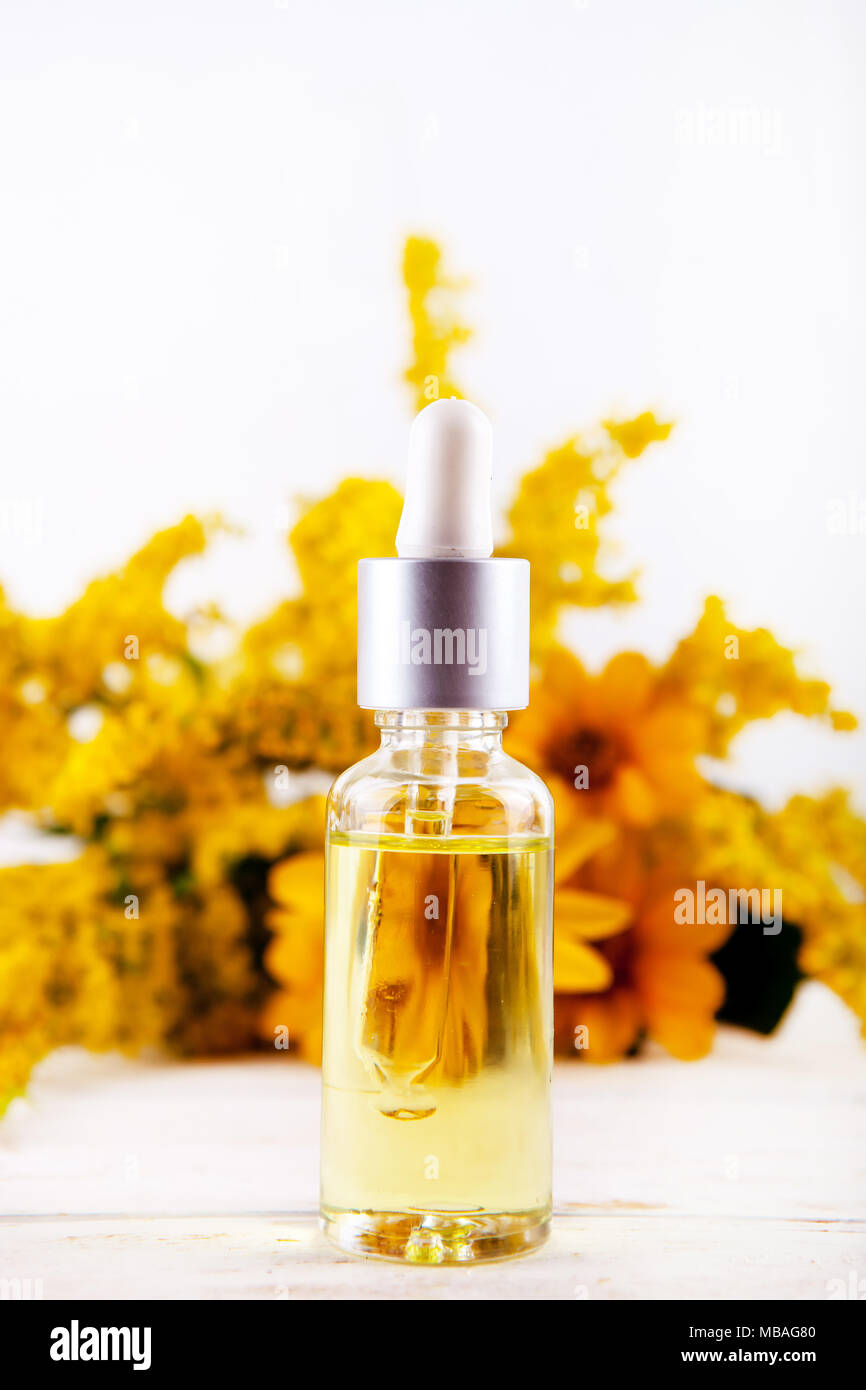 Sonnenblume ätherische Öle, Aromatherapie Essenz oder flüssige Arzneimittel und medizinische Blumen Kräuter Stockfoto