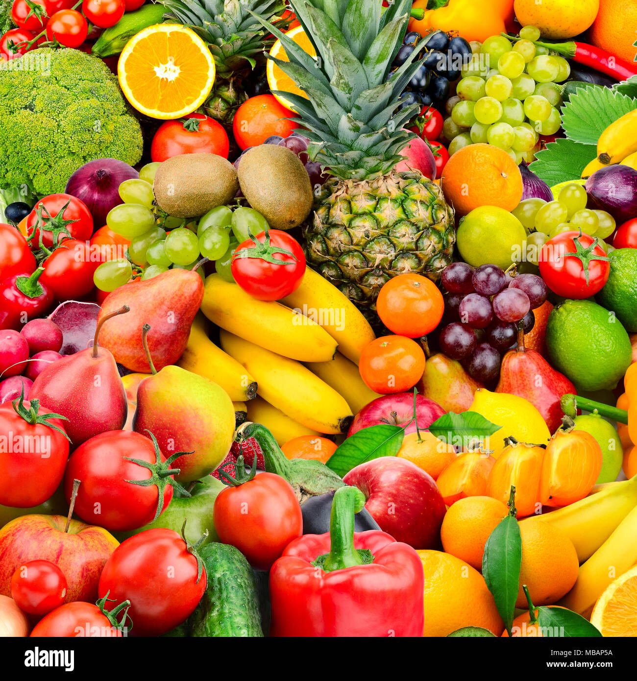 Große Sammlung von Obst und Gemüse. Gesunde Lebensmittel. Ansicht von oben Stockfoto