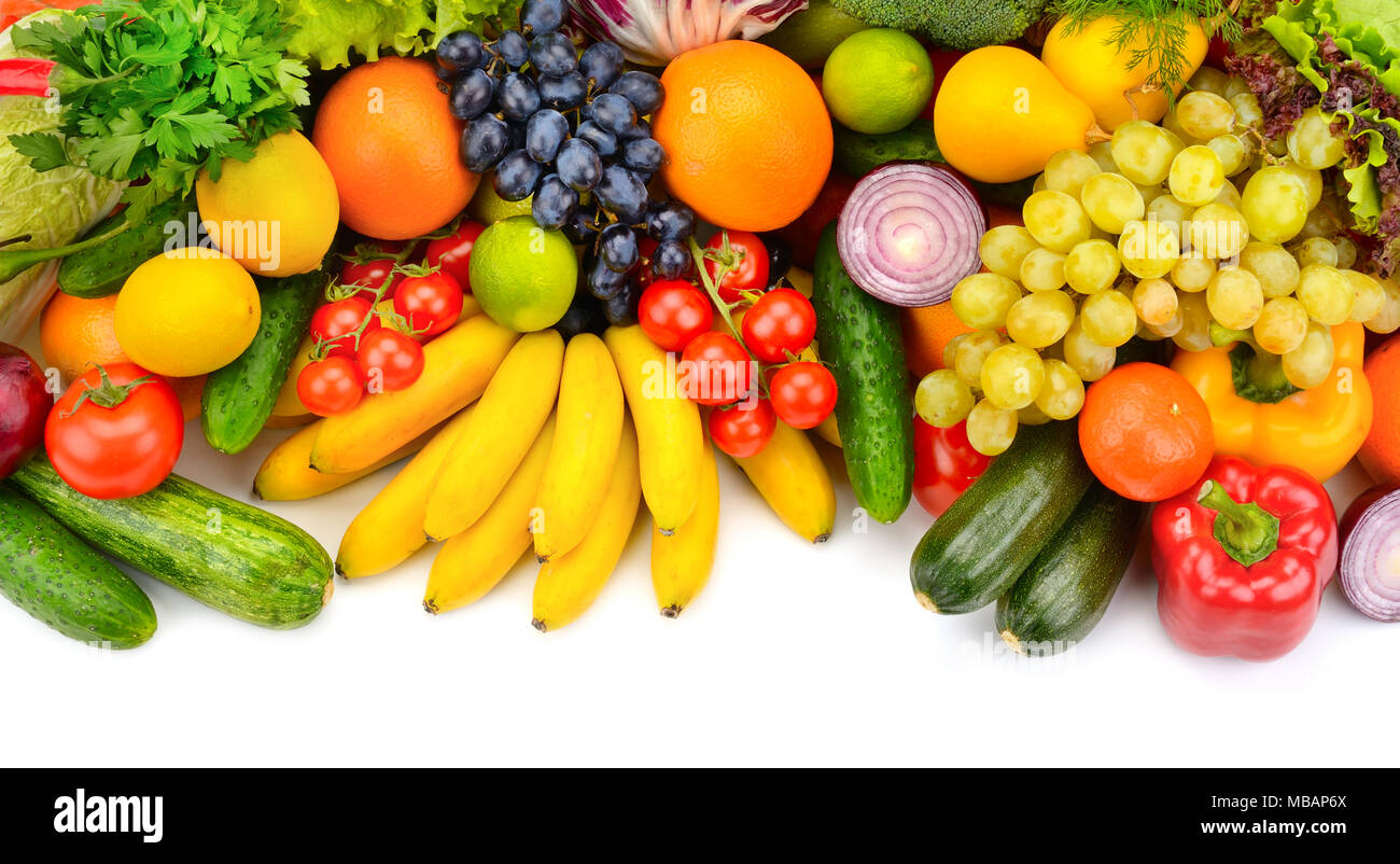 Große Sammlung von frischem Obst und Gemüse auf weißem Hintergrund. Stockfoto