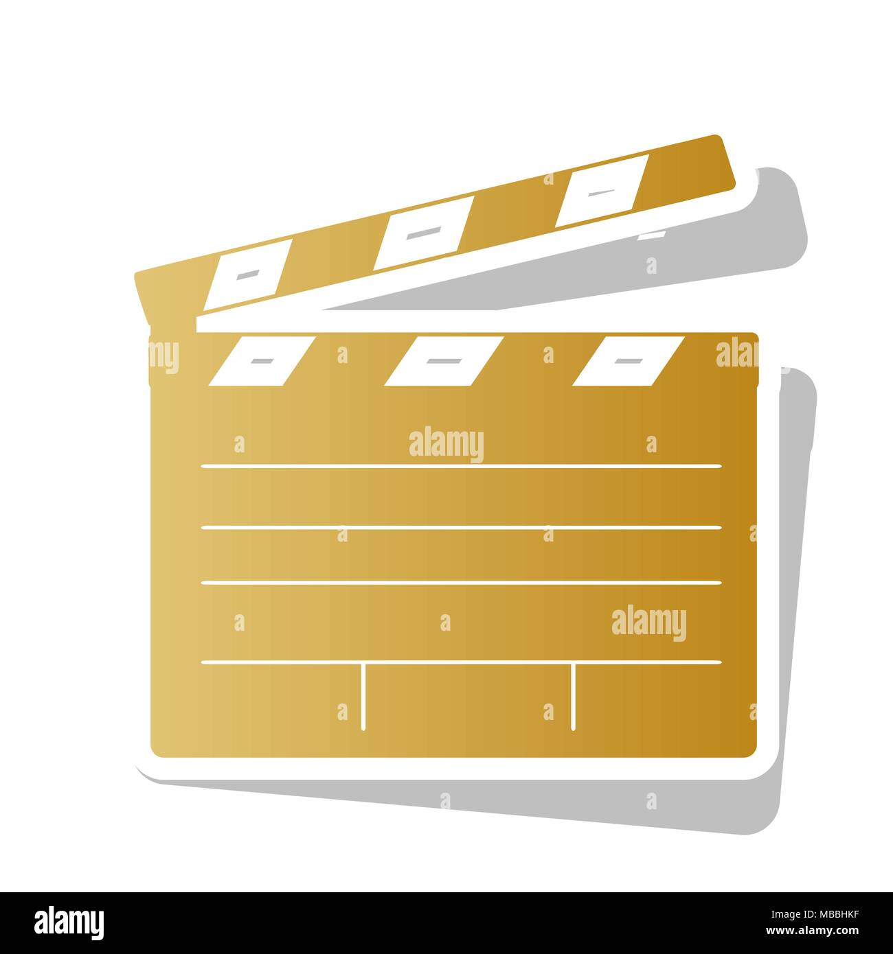 Film klatschen board Kino anmelden. Vektor. Golden gradient Symbol mit weißen Kontur und gedrehten grauen Schatten auf weißem Hintergrund. Stock Vektor
