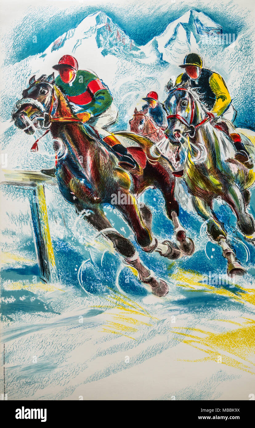 Original Schweizer Vintage Travel Poster illustriert von Hugo Laubi 1955, der Schweiz, den White Turf Pferderennen auf dem St. Moritzersee zu fördern. Stockfoto